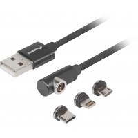 Kabel Combo USB-A(M)->USB Micro(M)+Lightning(M)+USB-C(M) 2.0 1m Czarny Kątowy QC 3.0 Magnetyczny