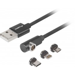 Kabel Combo USB-A(M)->USB Micro(M)+Lightning(M)+USB-C(M) 2.0 1m Czarny Kątowy QC 3.0 Magnetyczny