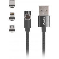 Kabel Combo USB-A(M)->USB Micro(M)+Lightning(M)+USB-C(M) 2.0 1m Czarny Kątowy QC 3.0 Magnetyczny