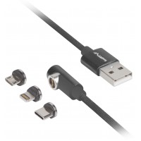 Kabel Combo USB-A(M)->USB Micro(M)+Lightning(M)+USB-C(M) 2.0 1m Czarny Kątowy QC 3.0 Magnetyczny