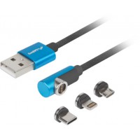 Kabel USB-A(M)->USB Micro(M)+Lightning(M)+USB-C(M) 2.0 1m Czarny-Niebieski Kątowy QC 3.0 Magnetyczny