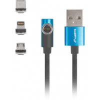 Kabel USB-A(M)->USB Micro(M)+Lightning(M)+USB-C(M) 2.0 1m Czarny-Niebieski Kątowy QC 3.0 Magnetyczny