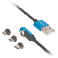 Kabel USB-A(M)->USB Micro(M)+Lightning(M)+USB-C(M) 2.0 1m Czarny-Niebieski Kątowy QC 3.0 Magnetyczny