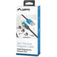 Kabel USB-A(M)->USB Micro(M)+Lightning(M)+USB-C(M) 2.0 1m Czarny-Niebieski Kątowy QC 3.0 Magnetyczny