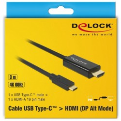 Kabel USB-C(M)->HDMI(M) 3m Czarny Displayport Alternate Mode Delock