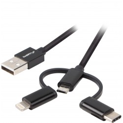 Kabel 3in1 USB-A(M)->USB Micro(M)+Lightning(M)+USB-C(M) 2.0 1m Black Premium Lanberg