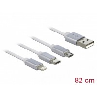 Kabel 3in1 USB-A(M)->Lightning(M)+Micro-B(M)+USB-C(M) 2.0 Zwijany 1m Biały Delock