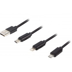 Kabel Combo USB-A(M)->USB Micro(M)+Lightning(M)+USB-C(M) 2.0 1m Czarny Premium Lanberg