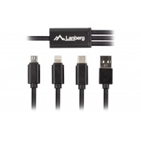 Kabel Combo USB-A(M)->USB Micro(M)+Lightning(M)+USB-C(M) 2.0 1m Czarny Premium Lanberg