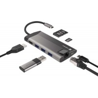 Multiport Adapter Natec Fowler Plus USB-C->Hub USB 3.0 3x, HDMI 4k, USB-C PD, RJ45, SD, MicroSD