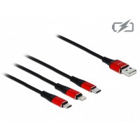 Kabel 3in1 USB-A(M)->Lightning(M)+Micro-B(M)+USB-C(M) Tylko Ładowanie 0.3m Czerwono/Czarny Delock