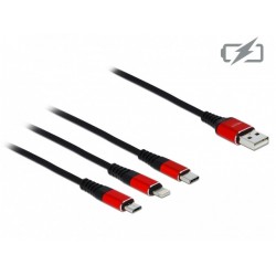 Kabel 3in1 USB-A(M)->Lightning(M)+Micro-B(M)+USB-C(M) Tylko Ładowanie 0.3m Czerwono/Czarny Delock