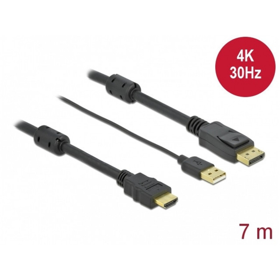 Kabel HDMI(M) -> Displayport(M) 4k 7m Zasilany USB A(M) Czarny Delock