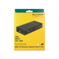 Hub USB 3.0 Delock 4-Port Aktywny Przemysłowy 15kV ESD Din Czarny