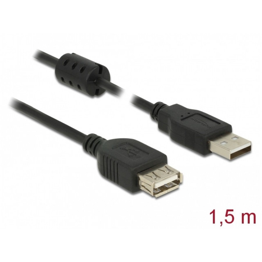 Przedłużacz USB-A M/F 2.0 1.5m Czarny Ferryt Delock