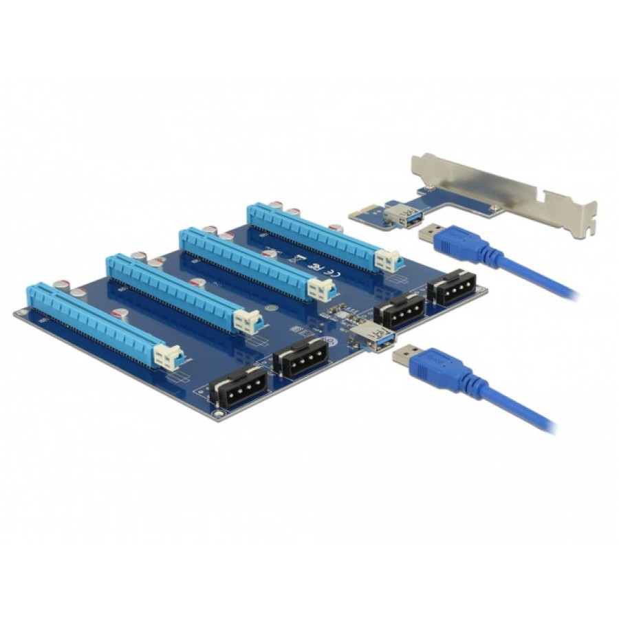 Karta PCI Express X1->4x PCI Express X16+1x USB-A+4x Molex Z Kablem USB 60cm Delock