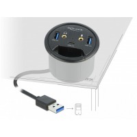 Hub USB 3.1 Delock 2-Port USB-A+1x USB-C Do Montażu W Blacie Biurka, Śr.150mm Z Portami Audio