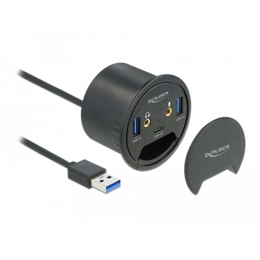 Hub USB 3.1 Delock 2-Port USB-A+1x USB-C Do Montażu W Blacie Biurka, Śr.150mm Z Portami Audio