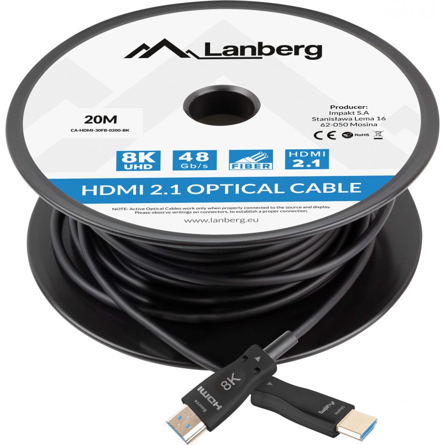 Kabel HDMI M/M V2.1 20m 8k Czarny Optyczny AOC Lanberg