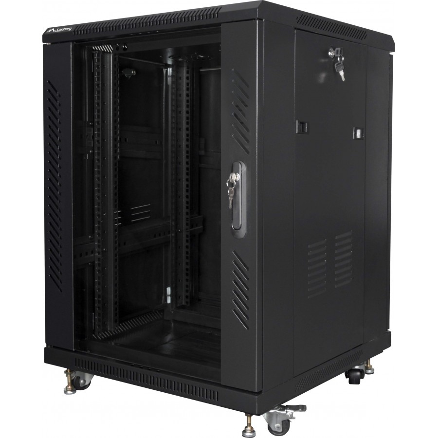 Szafa Instalacyjna Rack Stojąca 19" 15u 600x600 Czarna Drzwi Szklane Złożona Lanberg