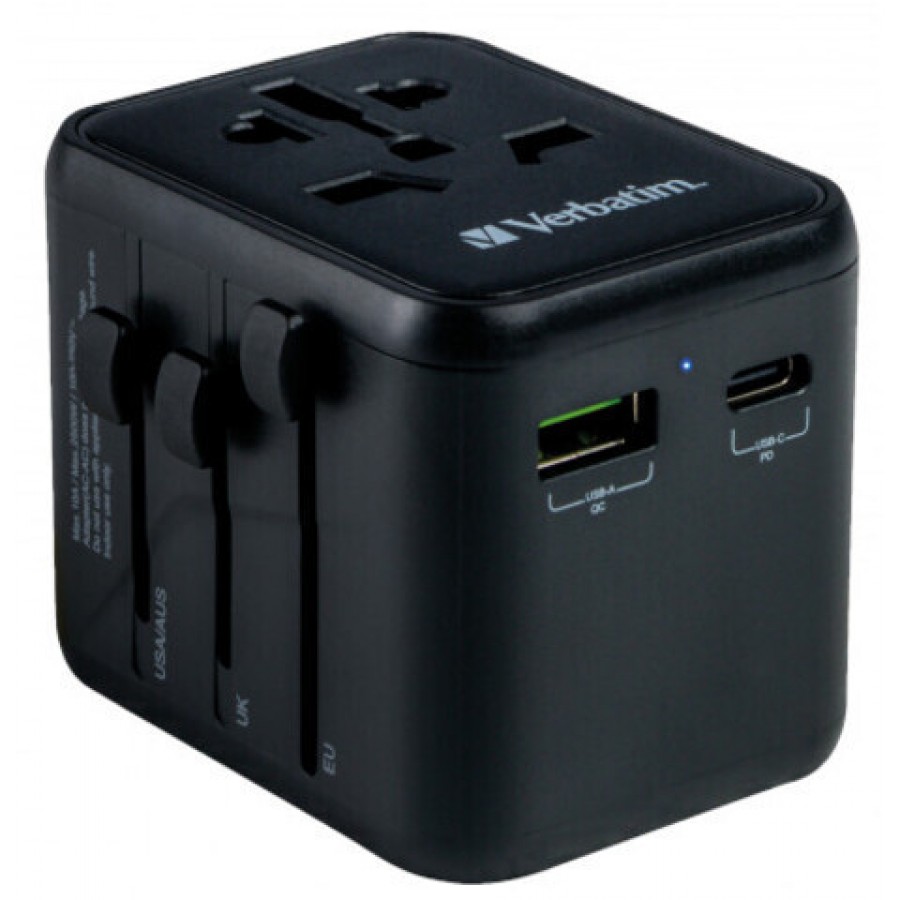 Adapter Zasilania Uniwersalny 100-250V EU, USA, Japonia, Australia, UK + 1x USB/1x USB-C Verbatim