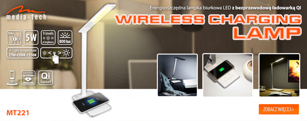 WIRELESS CHARGING LAMP MT221 - Energooszczędna lampka biurkowa LED z wbudowaną bezprzewodową ładowarką, biała 