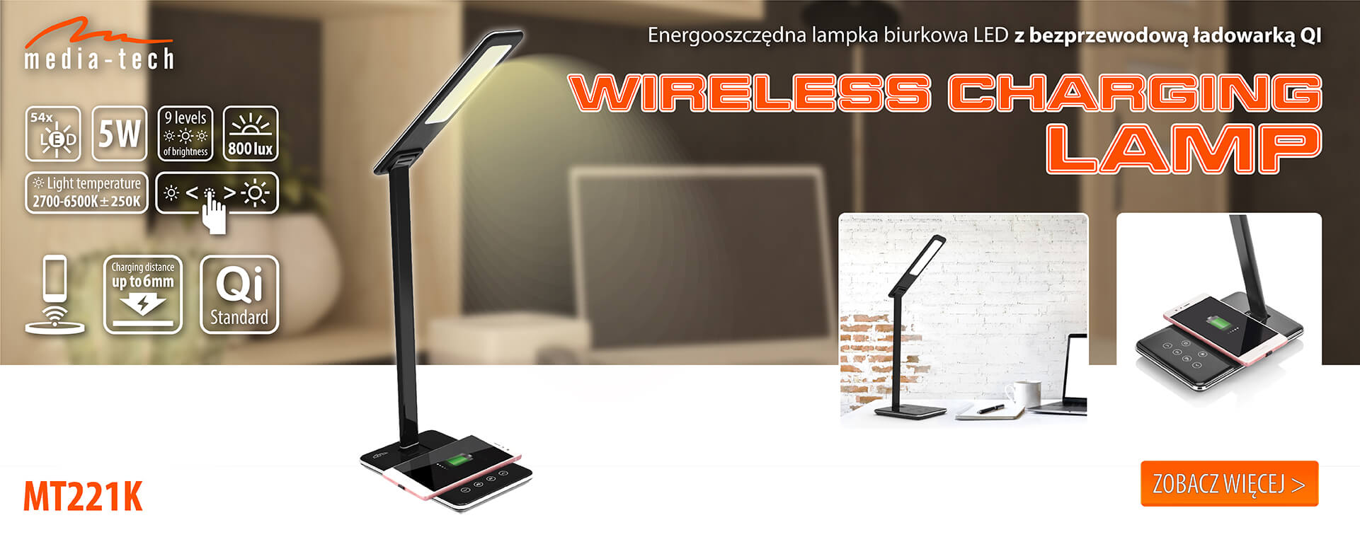 WIRELESS CHARGING LAMP MT221K - Energooszczędna lampka biurkowa LED z wbudowaną bezprzewodową ładowarką, czarna 