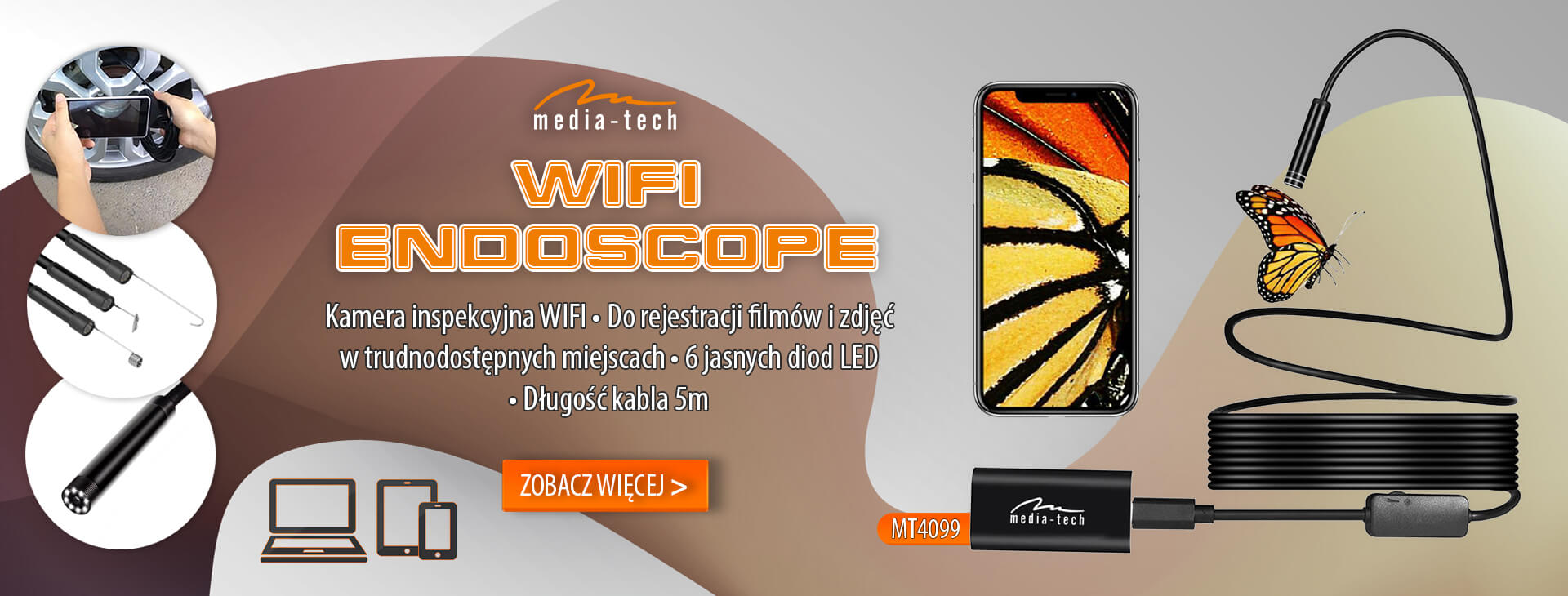 WIFI ENDOSCOPE MT4099 - Kamera inspekcyjna HD, długość 5m, średnica 8mm, 6 LED, WIFI, akcesoria 