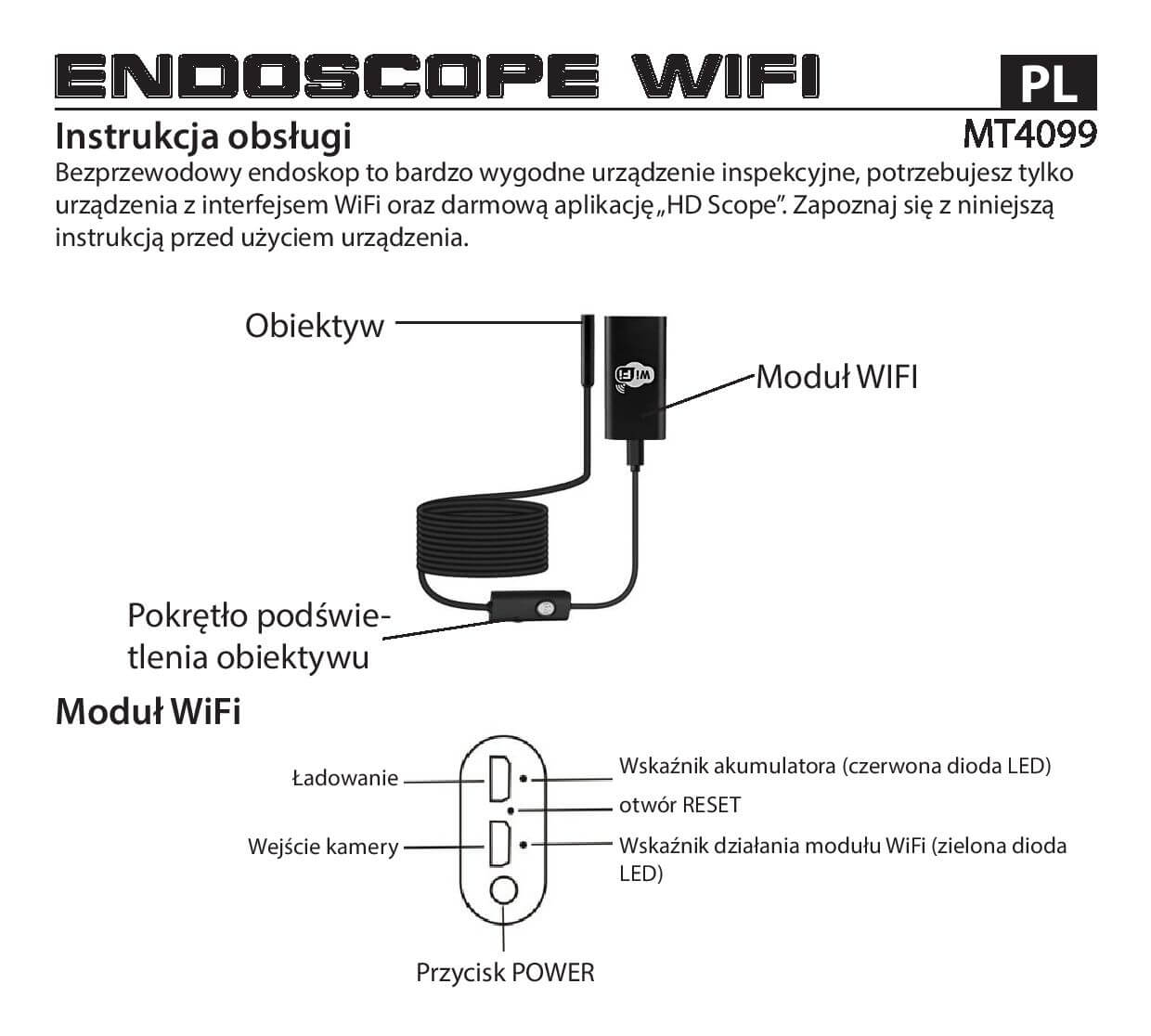 WIFI ENDOSCOPE MT4099 - Kamera inspekcyjna HD, długość 5m, średnica 8mm, 6 LED, WIFI, akcesoria  1