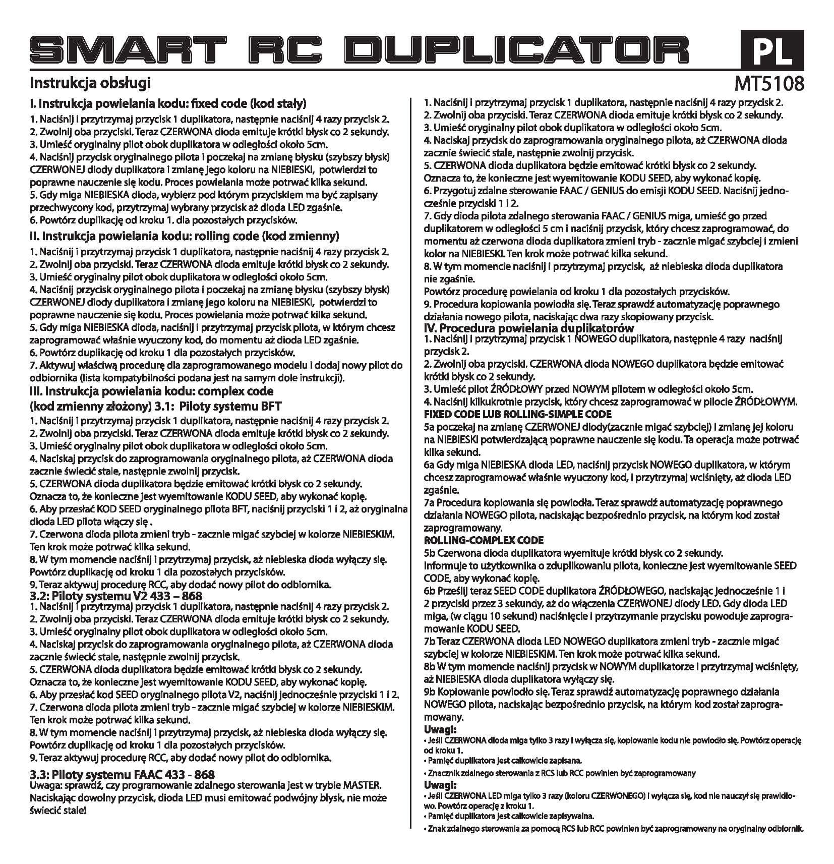 SMART RC DUPLICATOR MT5108 - Uniwersalny pilot duplikujący inne piloty z kodem, stałym, zmiennym i zmiennym złożonym 80-868MHz, 4 kanały  instrukcja