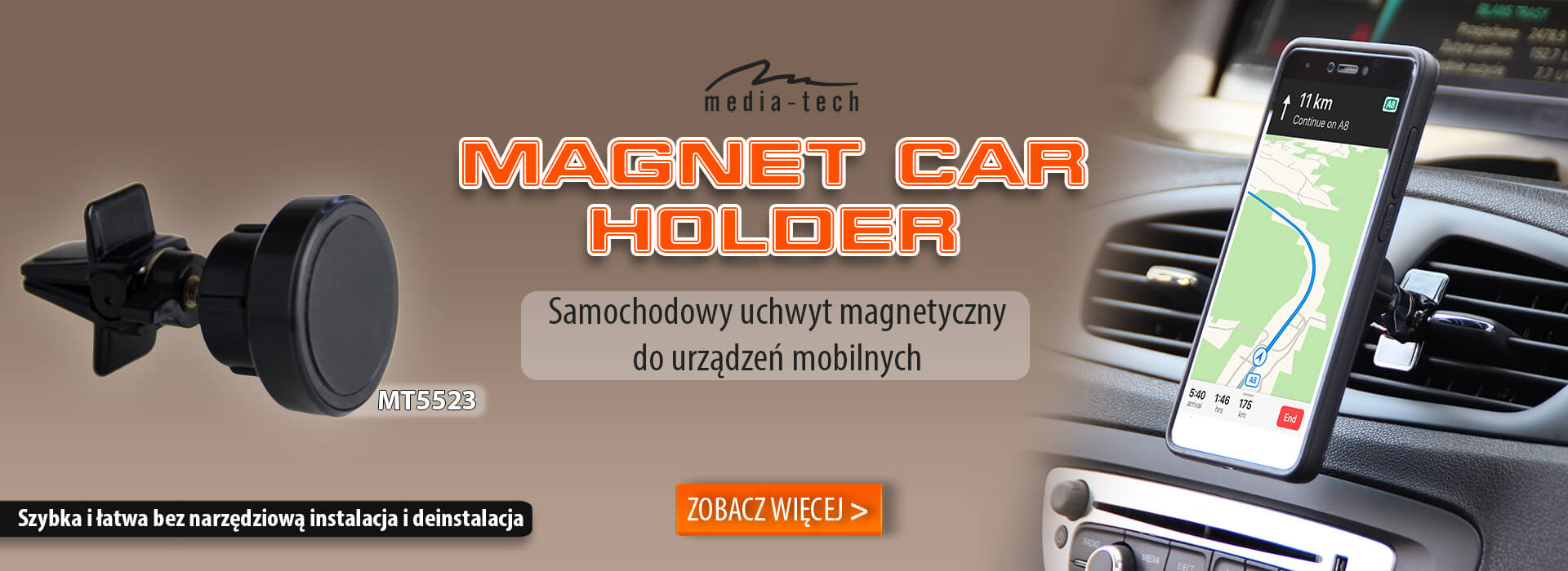 MAGNET CAR HOLDER V2.0 MT5523 - Uchwyt magnetyczny do urządzeń mobilnych do kratki nawiewu. Regulowany kąt. Mocna konstrukcja 