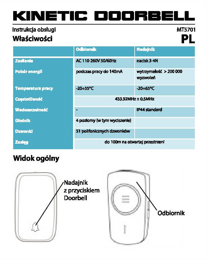 KINETIK DOORBELL MT5701 - Dzwonek bezprzewodowy bezbateryjny  instrukcja