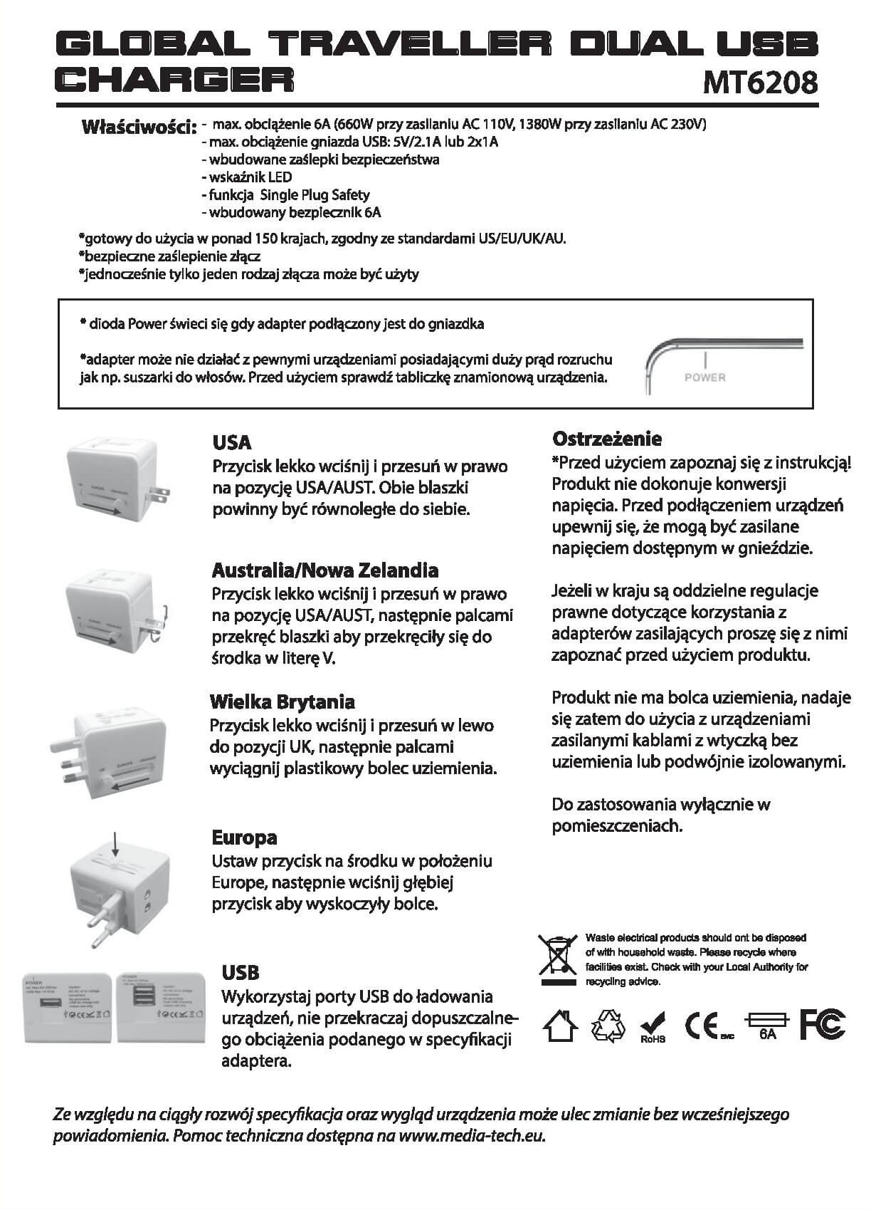 UNIVERSAL CHARGING TRAVEL ADAPTER MT6208 - Uniwersalna przejsciówka wtyczek elektrycznych z wbudowaną ładowarka USB+5V 