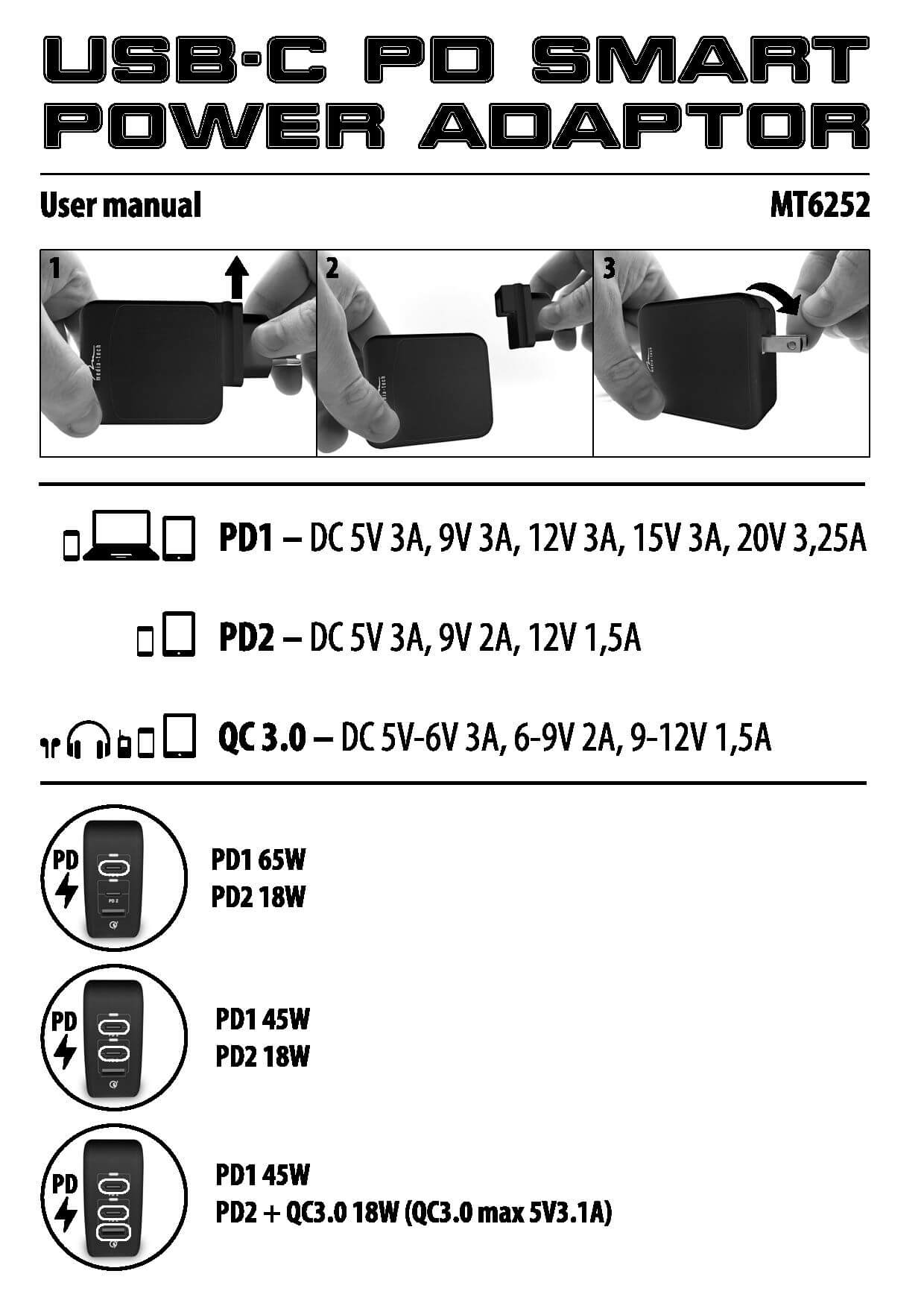 USB-C PD SMART POWER ADAPTOR MT6252 - Automatyczny, uniwersalny zasilacz 65W USB-C PD dla mobilnych urządzeń, USB-C i USB-A  instrukcja