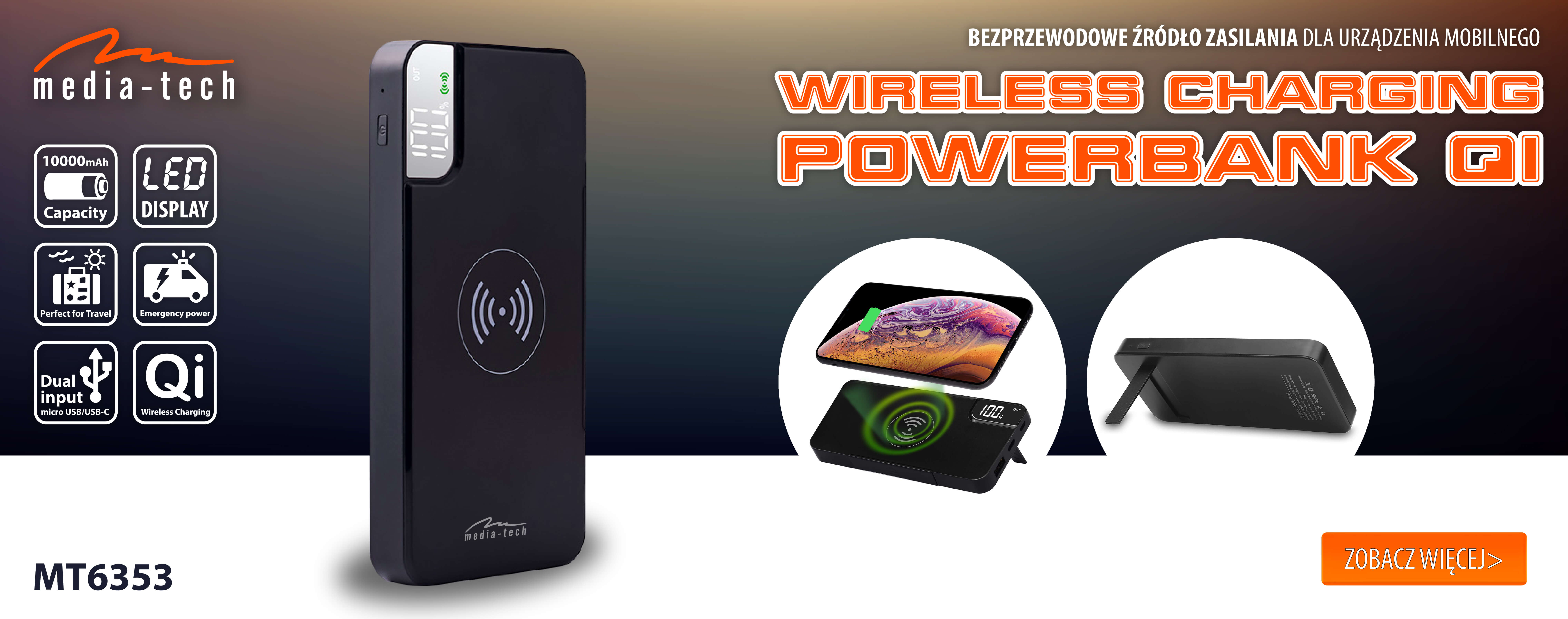 WIRELESS CHARGING POWERBANK MT6353 - Przenośne źródło energii z opcją ładowania bezprzewodowego, 10000 mAh, wyświetlacz, podpórka 