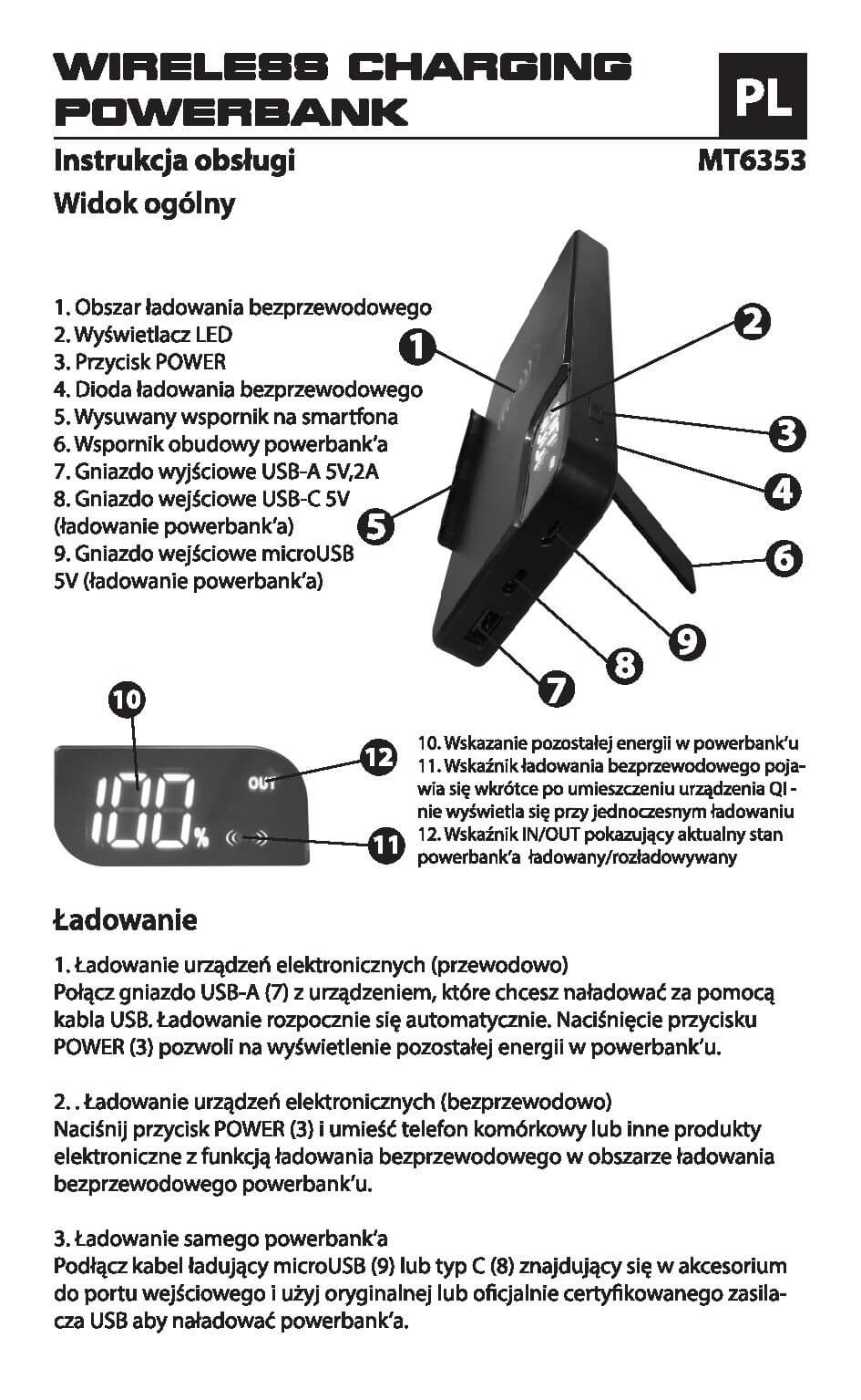 WIRELESS CHARGING POWERBANK MT6353 - Przenośne źródło energii z opcją ładowania bezprzewodowego, 10000 mAh, wyświetlacz, podpórka instrukcja