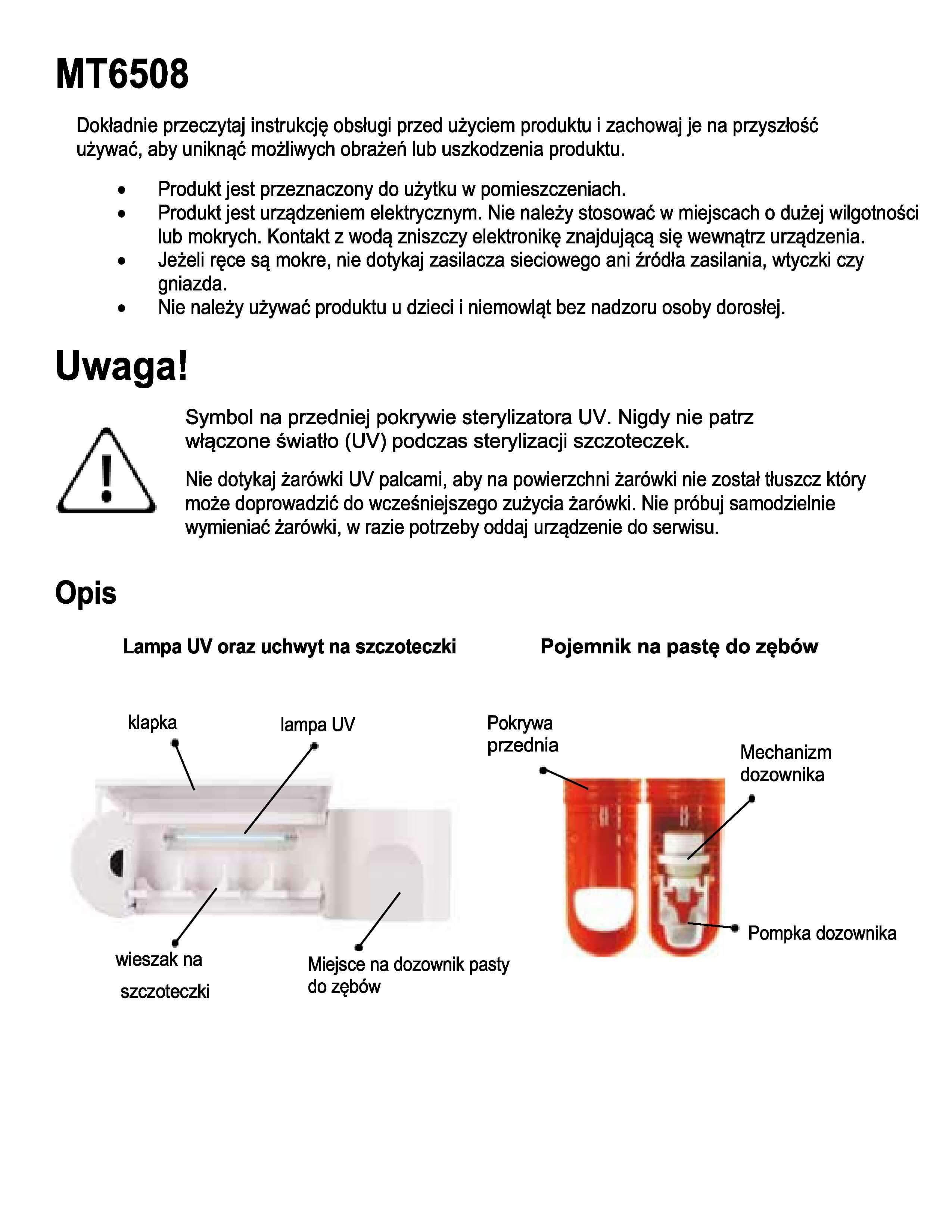 TOOTHBRUSH STERILIZER UV MT6508 - Łazienkowy sterylizator szczoteczek do zębów, lampa UV, dyspenser pasty instrukcja 1